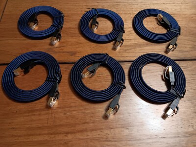 CAT8 SSTP Flat Patch Cord, VANDESAIL 6 Ft , 6 Pcs, Blue Braided Nylon
