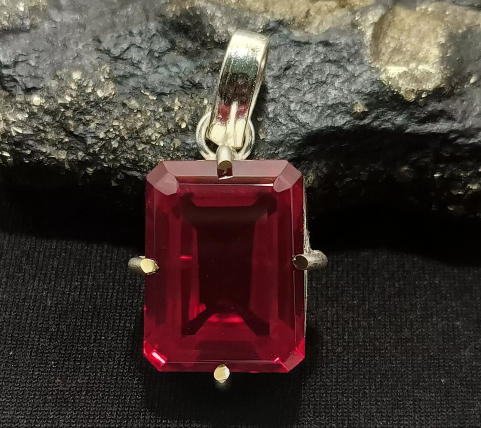 925 Sterling Silver Plated Emerald Cut Ruby Necklace Locket 35.65 Ct+ Pendant