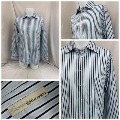 Equilibrio Luxury Shirt L Men Blue Stripe 100% Cotton Turkey YGI P2-442