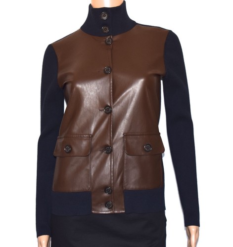NWOT LAUREN RALPH LAUREN Navy Brown Faux Leather Knit Stretch Cardigan Size XS - Picture 3 of 8