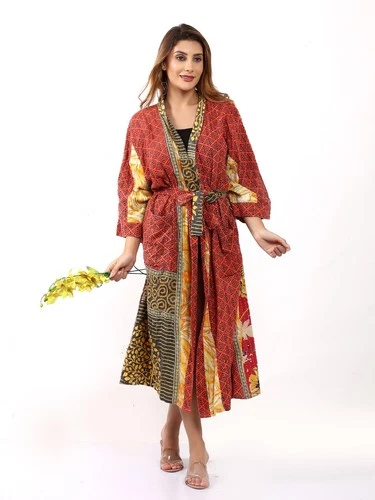 Women's Long Cotton kantha Belted Pocket Jacket Coat Printed Wholesale Mix lot