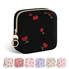 Playexen Corduroy Mini Makeup Bag, Small Cosmetics Bag with Ring Cherry-Black
