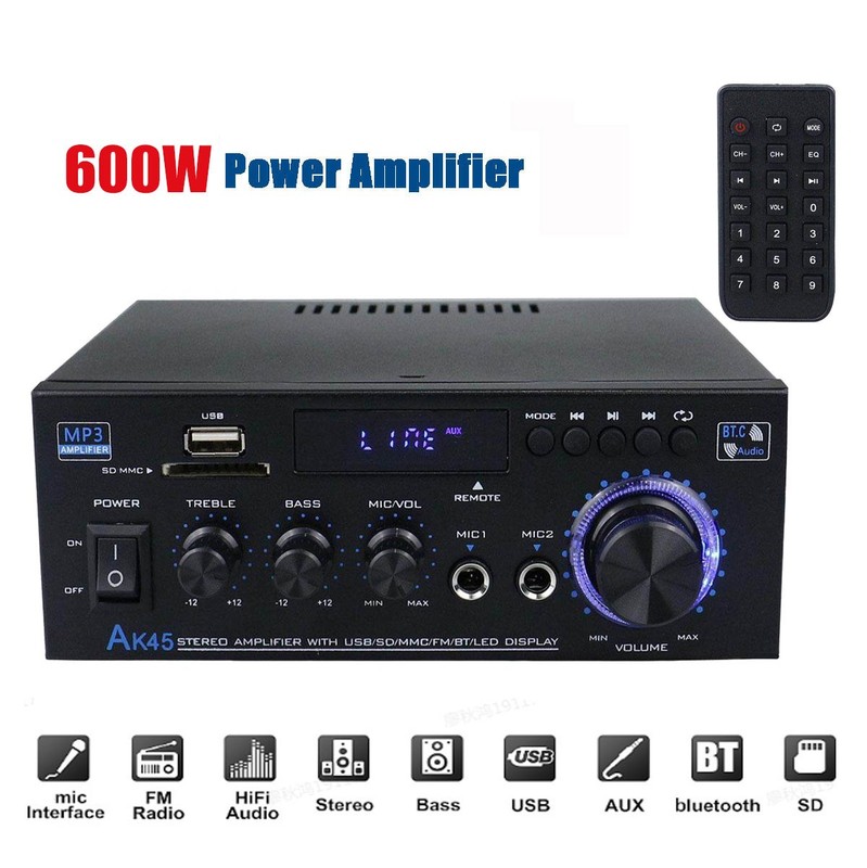 600W 2CH bluetooth Stereo Amplifier Amp HIFI Audio Radio USB SD FM Car Home