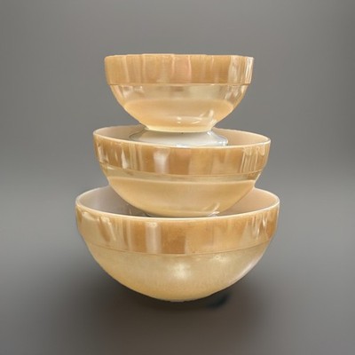 Fire King Peach Lustre Colonial Band set of 3 mixing bowls