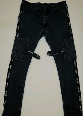 Mens KDNK Strappy Jeans 11 4 14 11 Black Cargo Slim Fit Sz 34 Stretchy 32''×29''