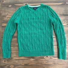 Girls Lands  End Green Cable Knit Sweater S 6-8 Drifter Cotton White Trim