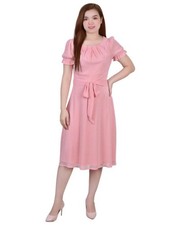 NY Collection Women's Petite Short Sleeve Belted Swiss Dot Dress