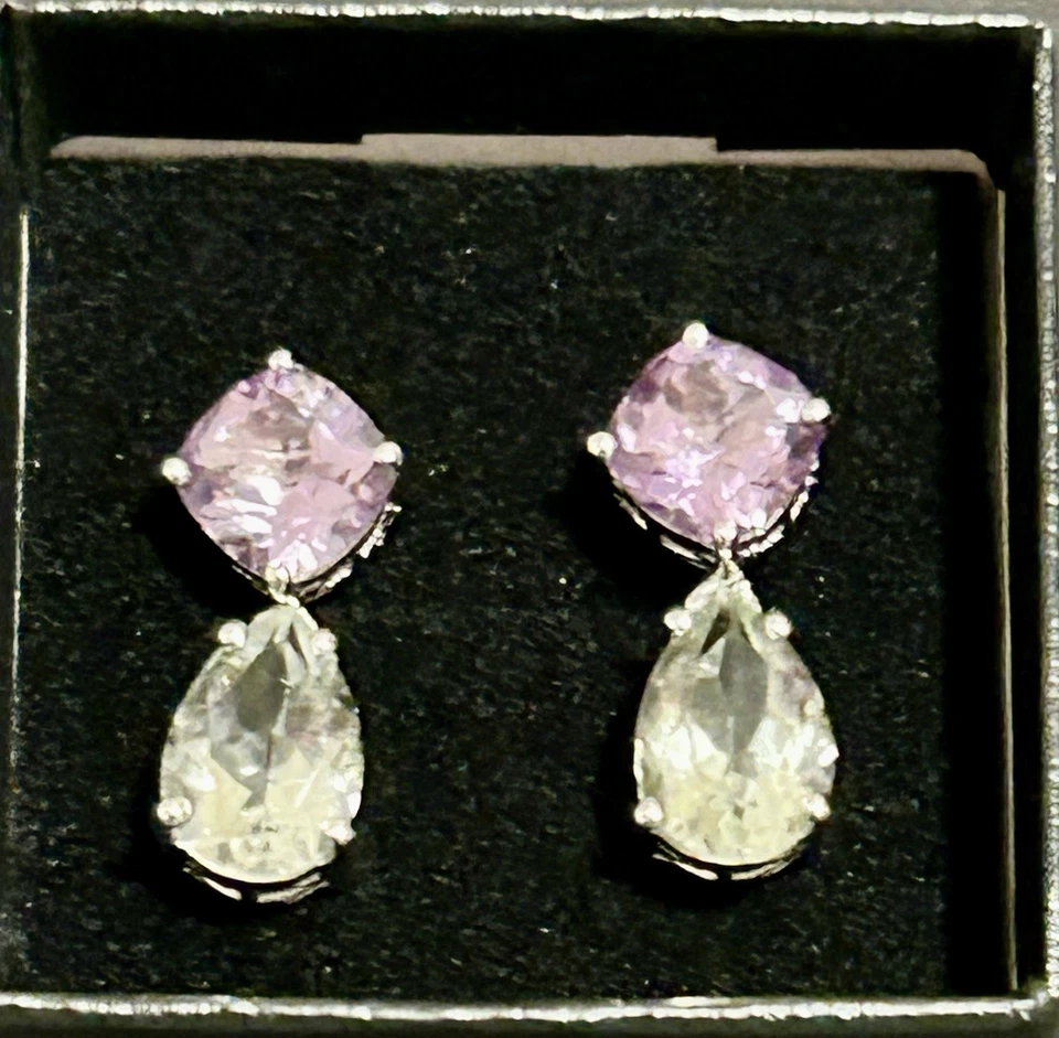 Preciosos pendientes para mujer de oro blanco con amatista de 9 quilates sobre plata de ley Foto 3 de 4