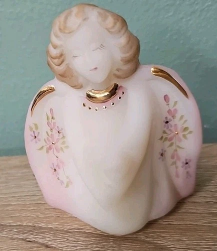FENTON Satin Rosalene Guardian Angel Figurine Hand Painted Gold Relief Signed