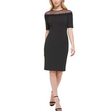 Eliza J Women's Black Cocktail Dress Sequined Crepe Short Sleeve Sheath Size 8
