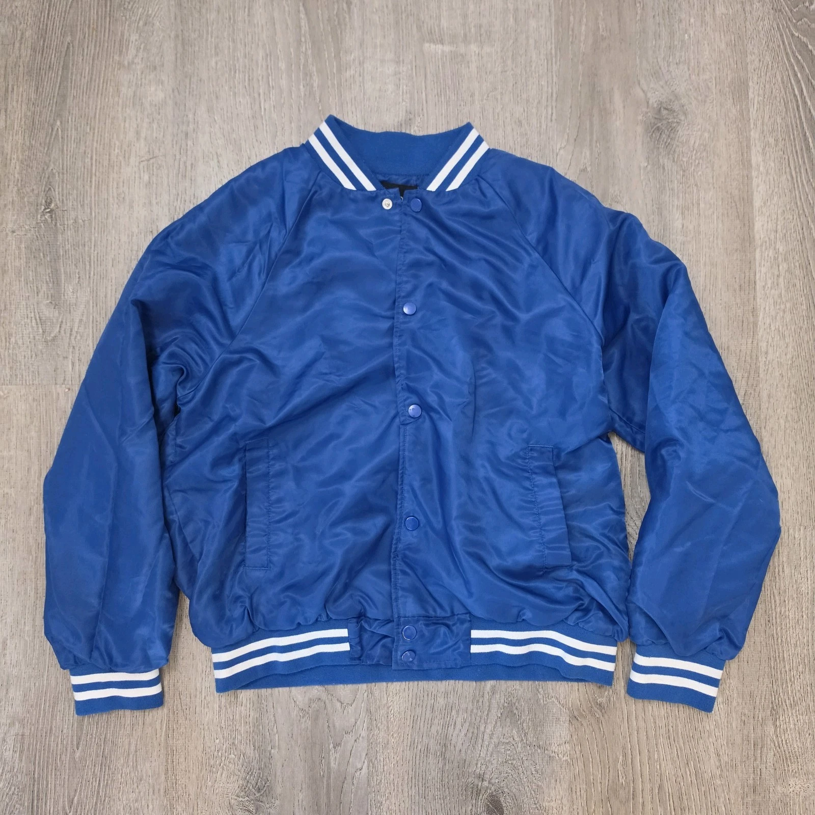 Carbon Men’s Blue White Varsity Jacket Snap Front Striped Collar/Cuffs Small - product detail image 1