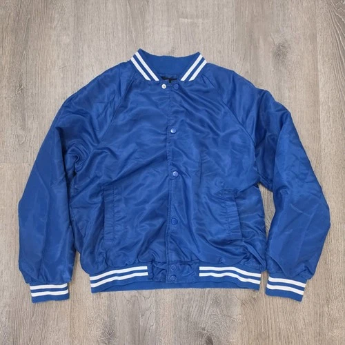 Carbon Men’s Blue White Varsity Jacket Snap Front Striped Collar/Cuffs Small video thumbnail