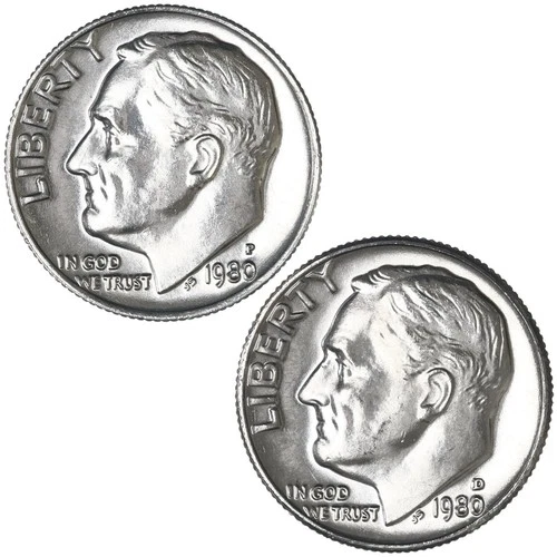 1980 P & D Roosevelt Dime 2 Coin Set Pulled From Mint Proof Sets