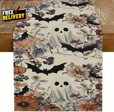 Halloween Ghost Pumpkin Bat Table Runner Cute Flower Seasonal Linen Dinning K...