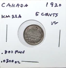 Canada 1920 5 Cents 5c .800 Silver VG KM22A Free Shipping