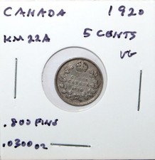 Canada 1920 5 Cents 5c .800 Silver VG KM22A Free Shipping