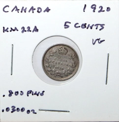 Canada 1920 5 Cents 5c .800 Silver VG KM22A Free Shipping