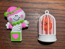 Avon 70s Lot of 2 Pin Pals & Fragrance Glace Pins Bird Cage and Jack-in-the-Box