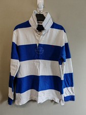 Joules Mens Medium Blue White Striped Rugby Shirt Long Sleeve Cotton Polo Heavy 