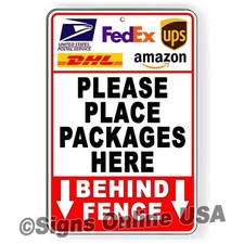Deliver Packages Here Behind Fence Arrows Down Sign Or Decal 6 SIZES delivery