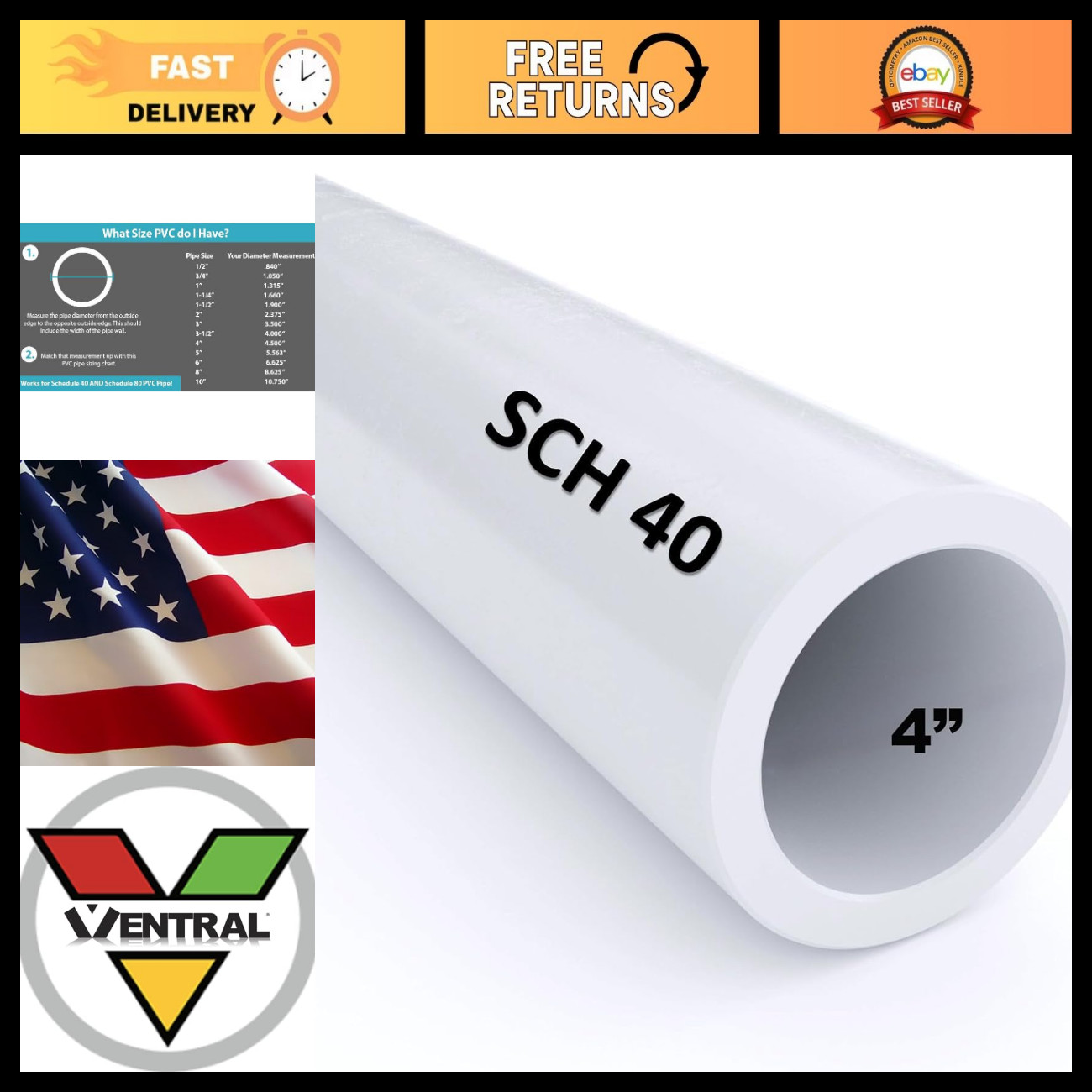Schedule 40 PVC Pipe 4 Inch White - 96 Inch Length for Plumbing, Landscape, Pool