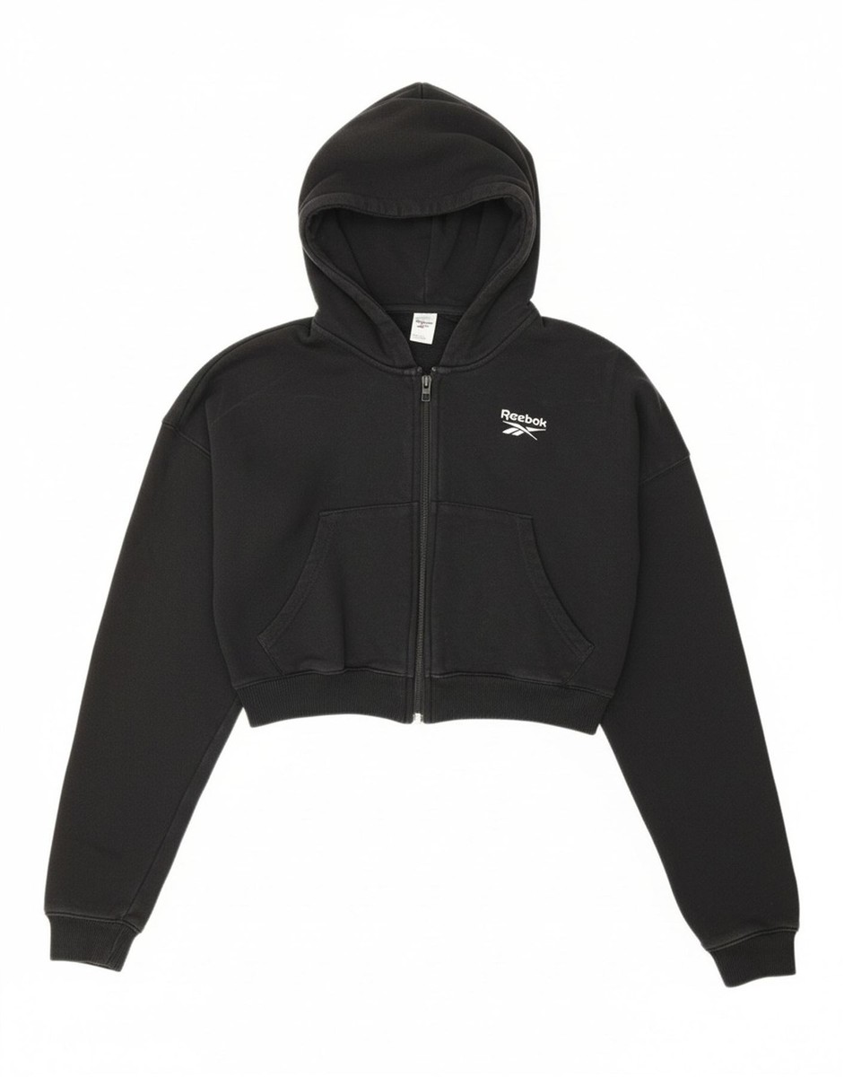 R♡　レディース　BLK XS REEBOK Womens Oversized Crop Zip Hoodie Sweater UK 4/6 XS Black