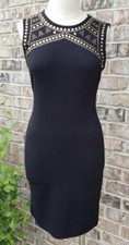 Carmen Marc Valvo Black Sleeveless Gold Detail Dress, M Studs , Chic Black