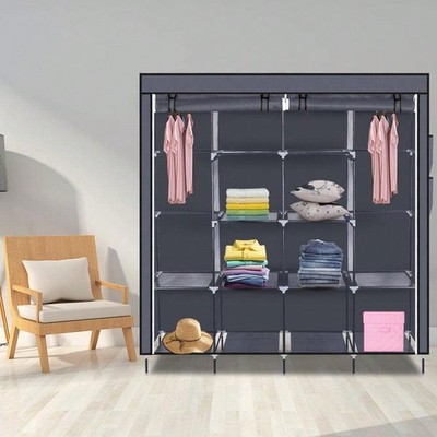 Portable Wardrobe Clothes Storage Rack 12 Shelves 4 Side Pockets