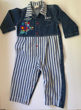 Vintage 90s Blue Denim Striped Blue White Romper Made In USA 18M