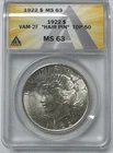 1922 - P PEACE ✨ TOP 50 ✨ VAM-2F Hair Pin ✨ Stunning Silver Dollar ✨ ANACS MS-63