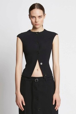 PROENZA SCHOULER Black Cap-Sleeve Crepe Top Vest Button Sz 0