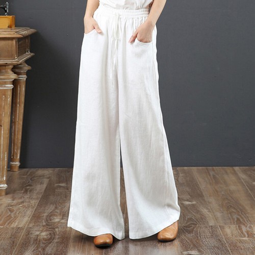 Freizeit lange Damenhose aus Baumwolle Leinen Baggy elastisch hochtailliert breitbeinig - Bild 13 von 18