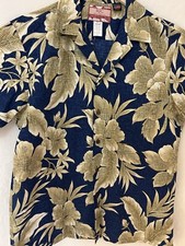 Vintage RJC Hawaiian Shirt Large Short Sleeve Aloha USA Gold Blue Hibiscus Cot