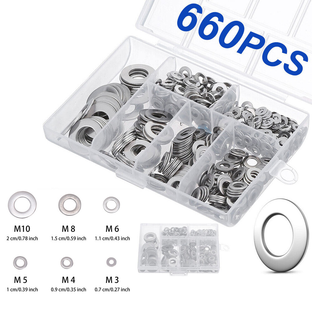 660 Pieces of 304 Stainless Steel Washers Flat Washer Assortment Kit 6 Sizes New