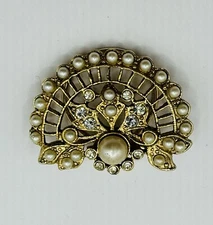 Vintage Scarf Clip Fan Shape Gold Tone Faux Pearls Rhinestones