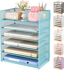 Subekyu 6 Tier Office File Paper Desk Tray Organizer with Handle, Blue 