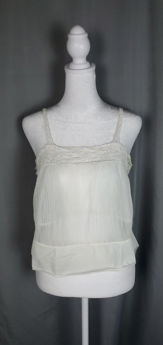 Vtg 90s Slip Top Womens 32 Pleated Mesh Camisole Square Neck Lingerie Tank