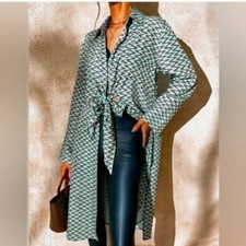 ZARA | Women's Green/Brown Cotton Zigzag Collard Tie Up Long  Sleeved Dress