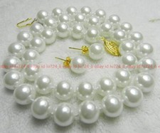 Real 8-14mm Beautiful White Shell Pearl Round Beads Necklace 18" Earrings Set