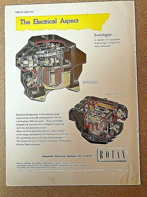 1954 Flugzeugwerbung ROTAX ELEKTRISCHE SYSTEME SCHALTANLAGE DREIPHASENSCHÜTZ