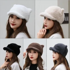 Women Faux Fur Baseball Cap Trapper Hat Cat Ear Cute Winter Fluffy Plush Fashion