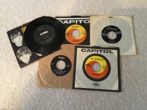 Beatles vinyl 45 records, 5 records with original covers.  Fair condition.