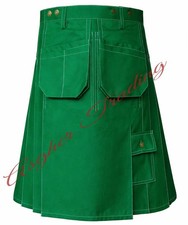Scottish Green Cotton Utility Kilt - Tactical Duty Kilt, Six Pockets Custom Made