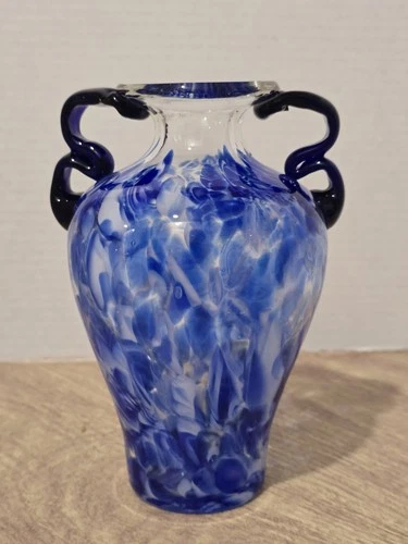 Vtg Art Glass Vase Murano Style Blue & White Swirl *see Photos sm Flaw