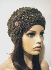 crochet womans handmade flower hat beanie wool forest green puffs new