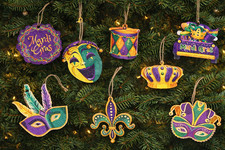 Wooden Mardi Gras Ornaments 8 ct. Gift Boxed BRAND NEW