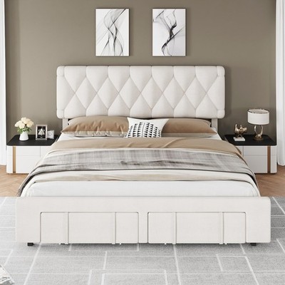 Queen Bed Frame with 2 Storage Drawers Modern Upholstered Platform Bed Wood Slat