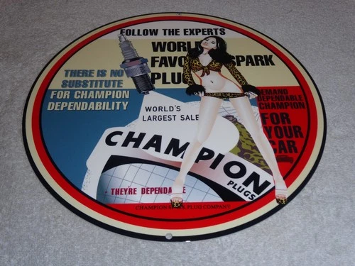 VINTAGE CHAMPION SPARK PLUGS FEMALE WOMAN 11 3/4" METAL PLUGS GASOLINE OIL SIGN