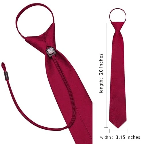 Zipper Ties for Men Paisley Striped Mens Pretied Neckties and Lapel Wine Red - Image 2 of 4