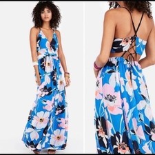 NEW 2 EXPRESS BLUE FLORAL~MAXI CUT OUT BACK LACE UP~SHORT A LINE~WOMEN X SMALL